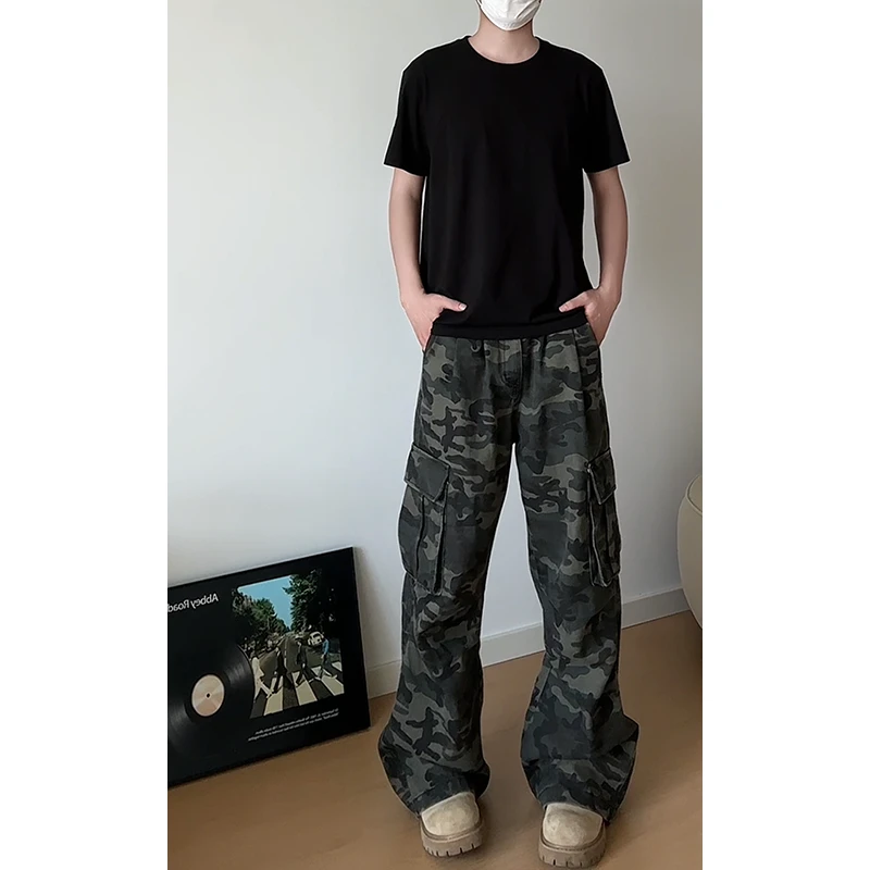 美式褶皱迷彩裤子男款潮牌高街大口袋工装裤直筒宽松休闲微喇长裤