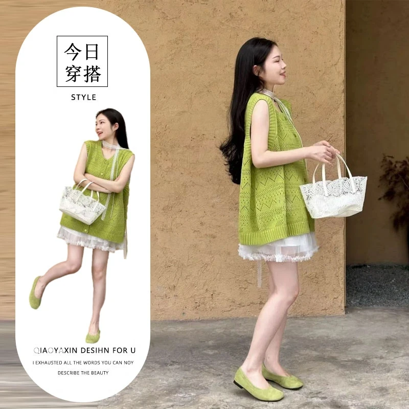 夏日穿搭高级感2025年超火新款女装小香风绿色针织背心两件套装裙