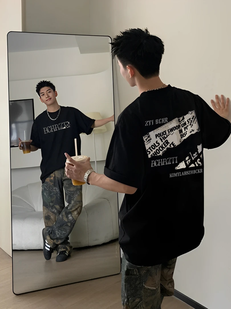 【重磅纯棉】夏季宽松国潮上衣潮流休闲半袖潮流透气圆领男短袖T恤