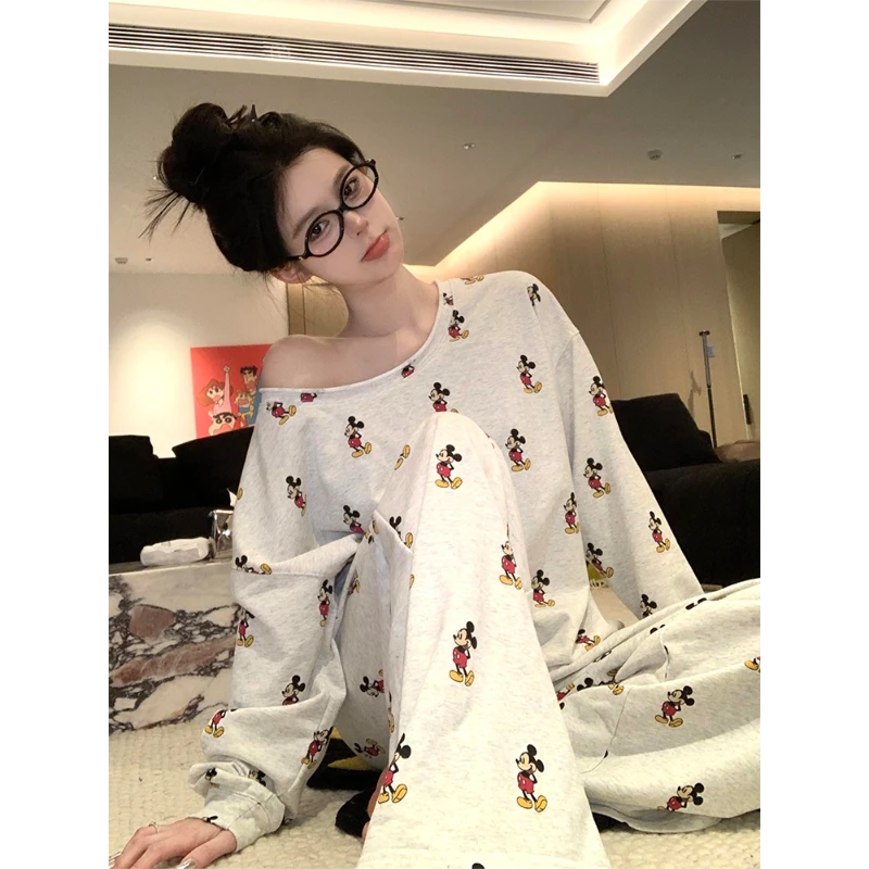 韩系卡通米奇印花长袖睡衣女春秋新款软糯舒适开衫长裤家居服套装