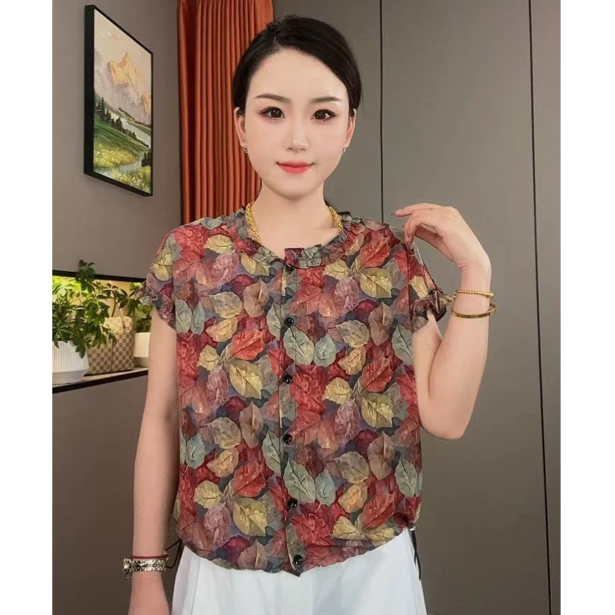 时尚夏季新款洋气树叶花短袖休闲圆领减龄洋气小衫-25162