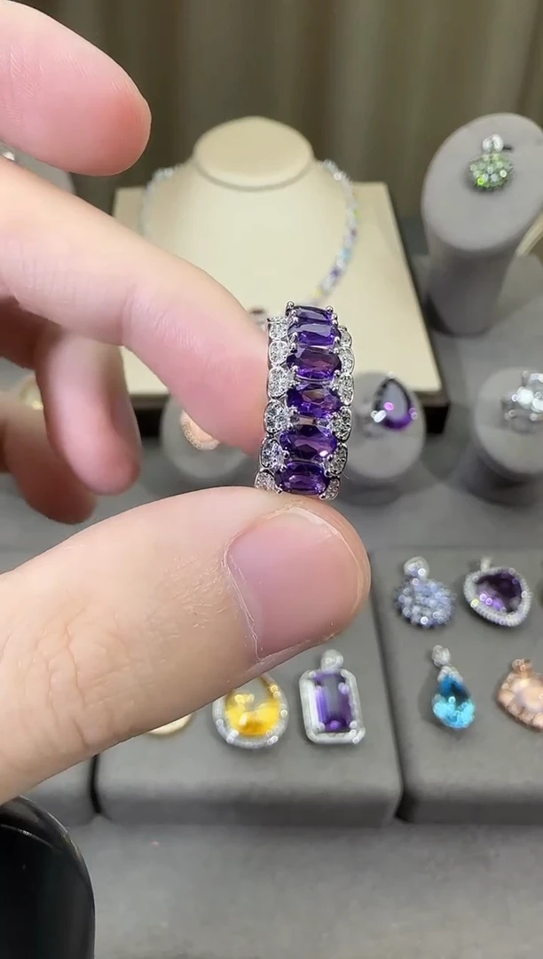 银S925镶嵌戒指紫晶8mm戒指排戒款