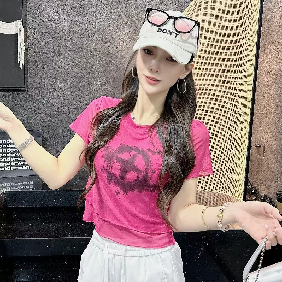 XYH032夏季透气网纱短袖上衣短款时尚修身蕾丝衫显瘦薄款女