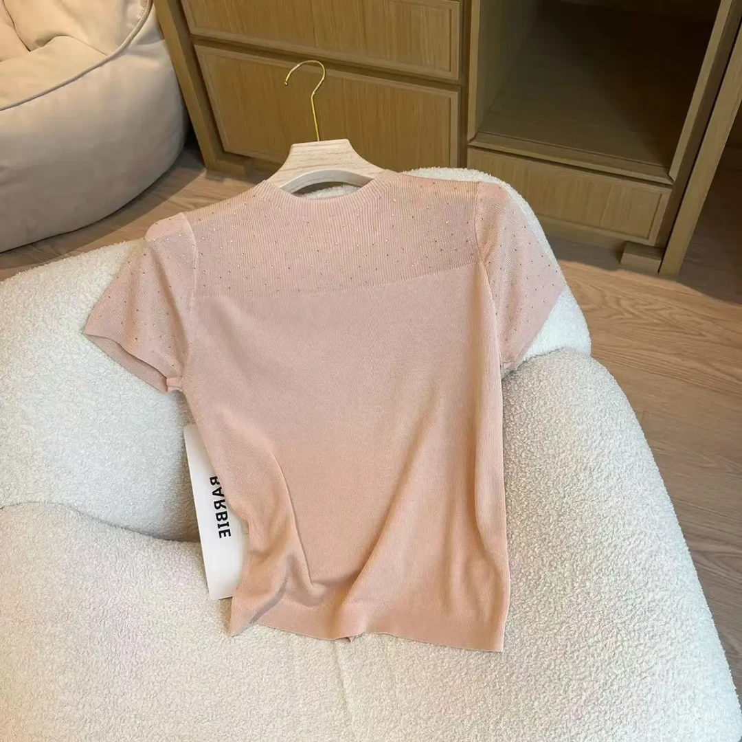 夏季修身显瘦烫钻圆领设计感显瘦短袖上衣百搭时尚短袖女T恤H7-16