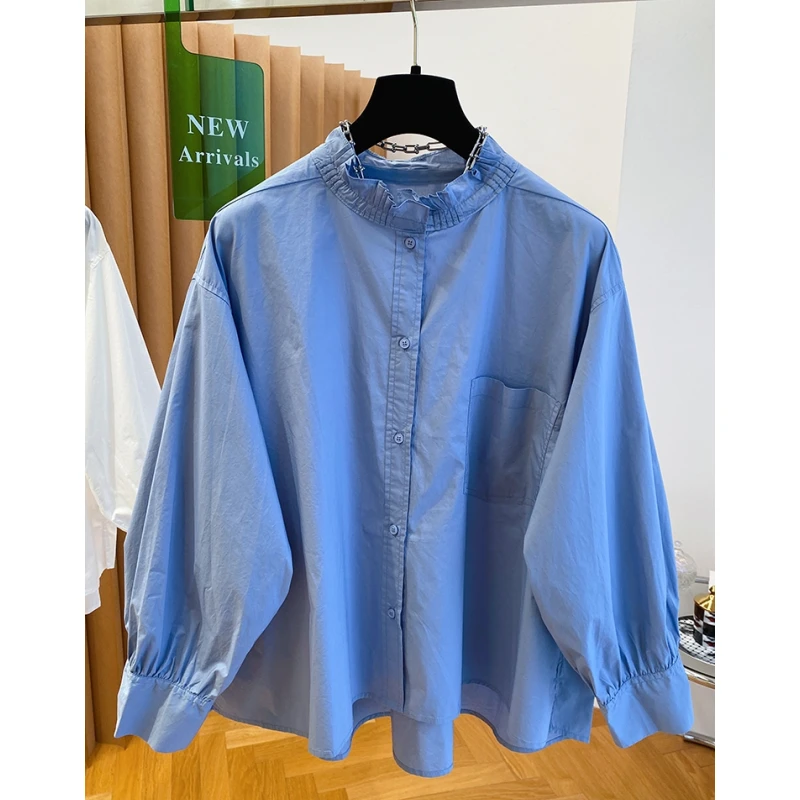 高级感蓝色木耳边立领衬衫女长袖2025新款早秋宽松超好看纯棉上衣