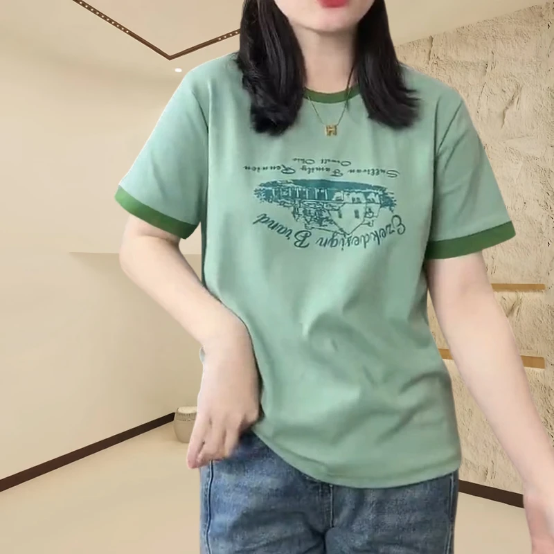 纯棉T恤女韩版漂亮绿色印花短袖加宽加大女装三八妇女节洋气服装