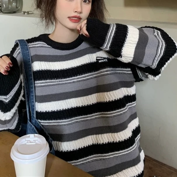 584 复古条纹毛衣慵懒风盐系酷女孩减龄针织衫（J13）