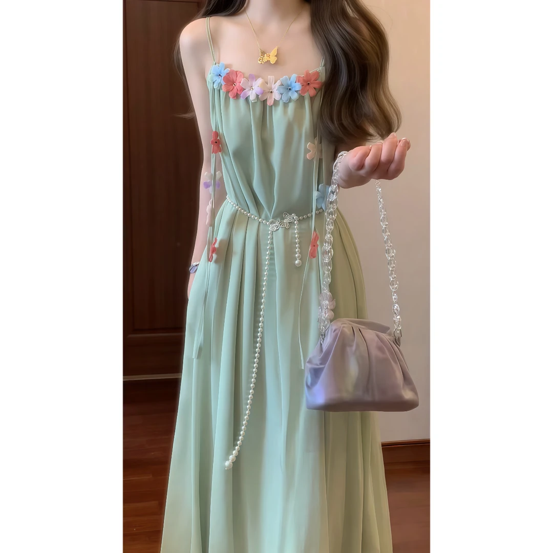 拍照巨美超仙度假风立体花朵装饰吊带连衣裙绝美海边旅游长裙9585