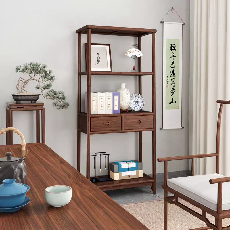 新中式博古架书架实木展示架老榆木禅意置物架茶室茶叶柜