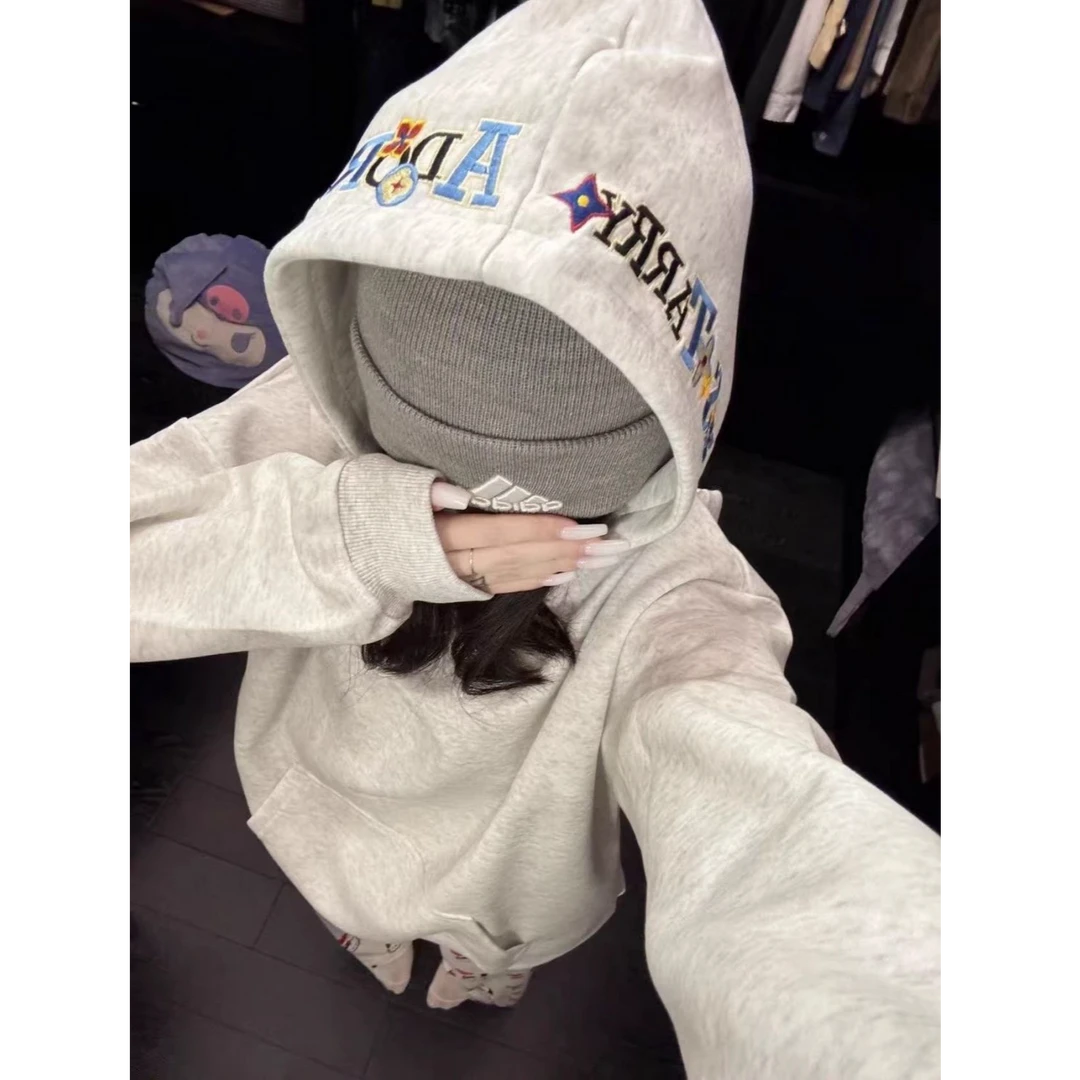 HandSeven美式秋冬新款趣味字母刺绣连帽卫衣设计感时尚百搭宽松