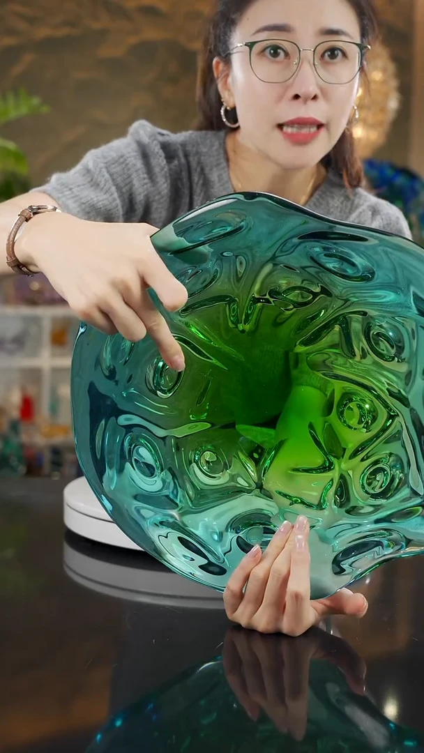 手工艺品琉璃蓝绿色设计款果盘微瑕（气泡）