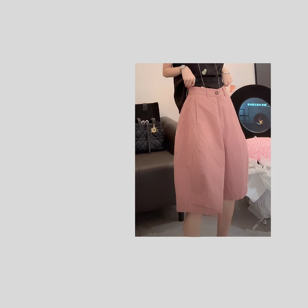 2025夏季时尚纯色阔腿休闲短裤显瘦气质小众减龄设计感