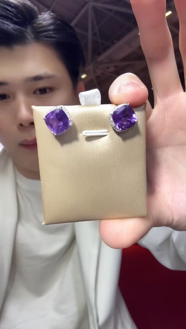 银S925镶嵌耳饰紫晶10mm简约帝王紫