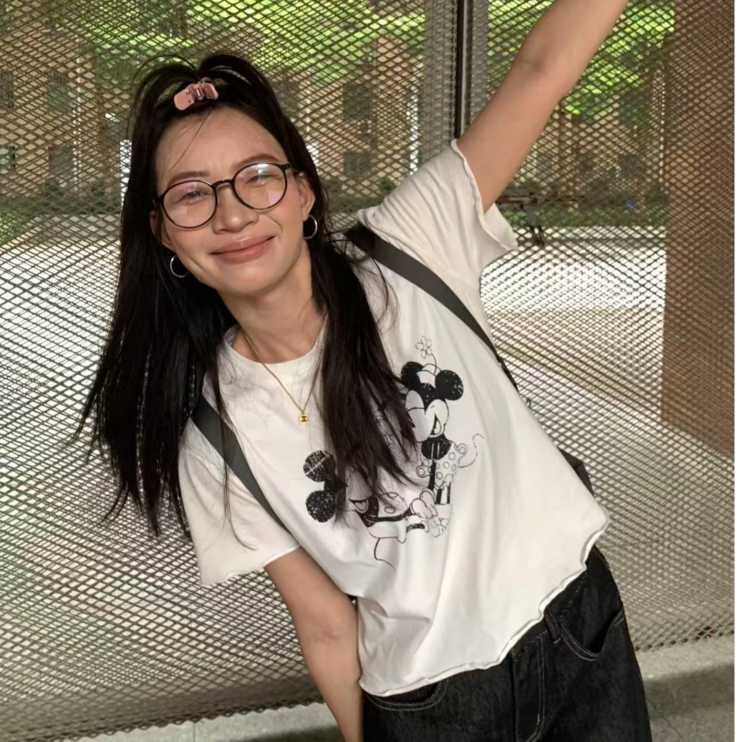 韩系夏季松弛感米奇T恤女做旧印花宽松显瘦休闲百搭短袖1134