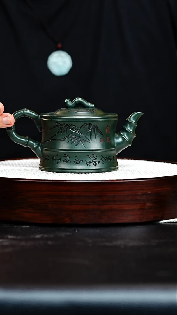 茶壶紫砂宜兴紫砂 绿泥 竹段壶 谭青