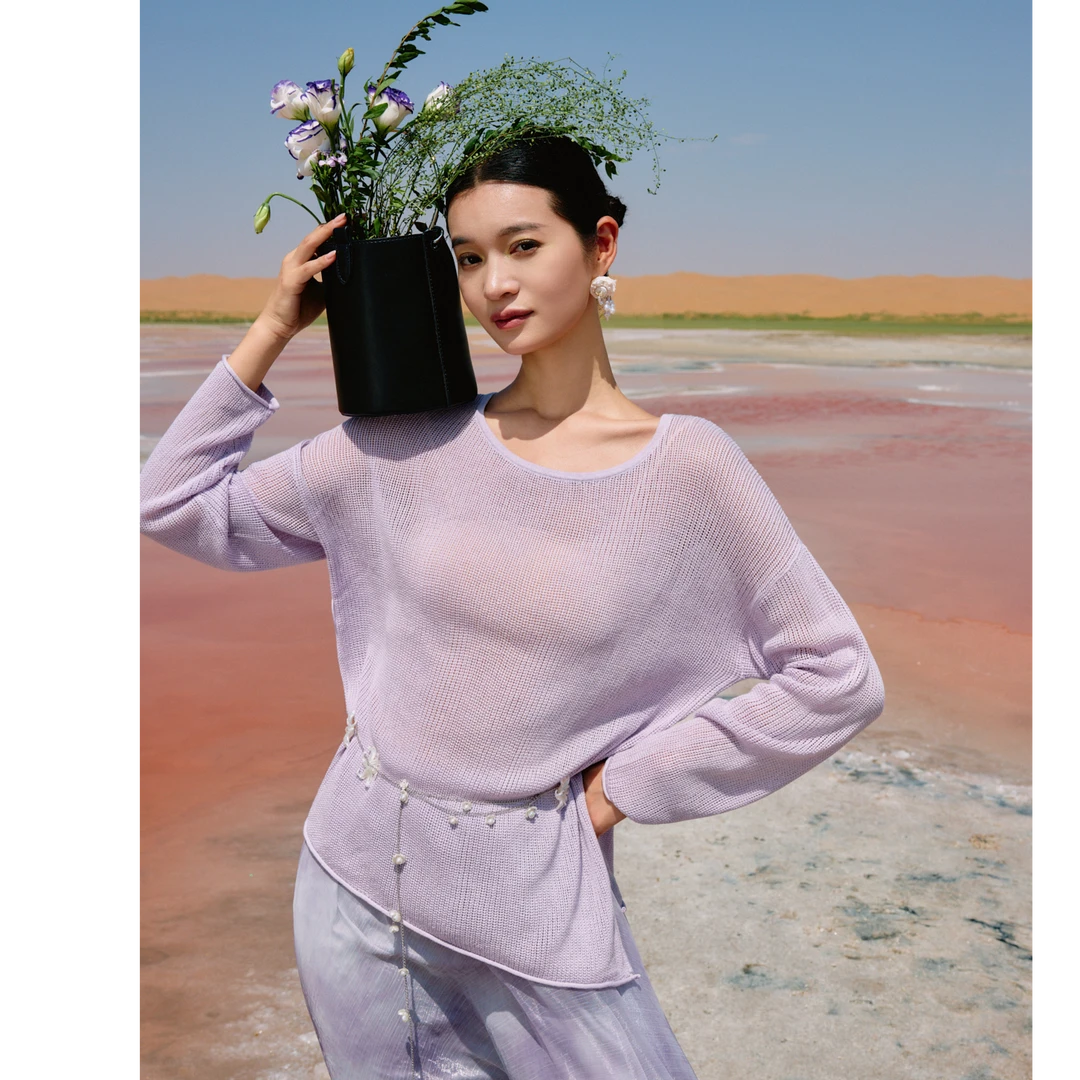 Missonep蝉【落日集】慵懒风紫色蝙蝠袖腰间系带设计针织衫女