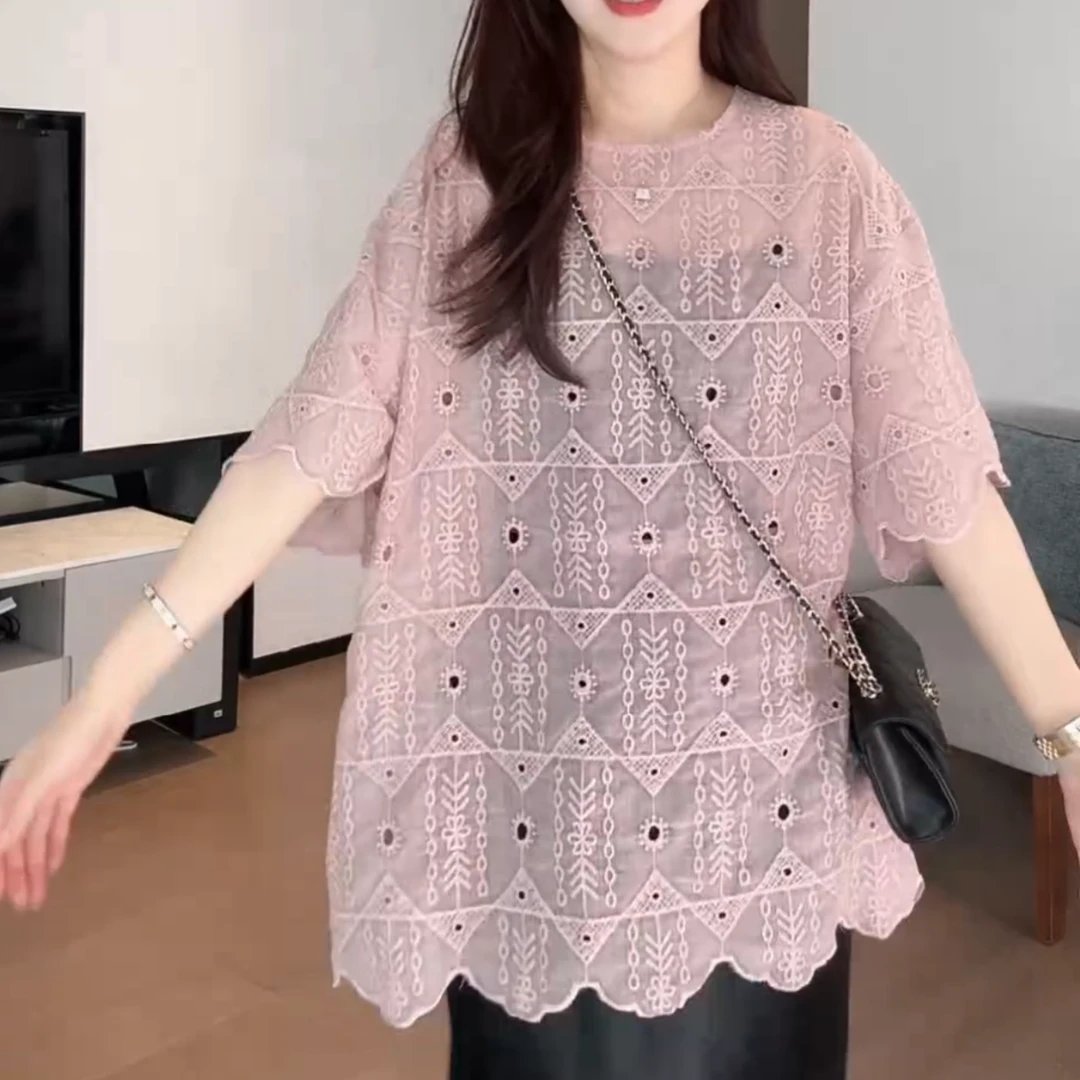 2025新款时尚设计镂空极简风圆领减龄百搭短袖上衣女LK2503796