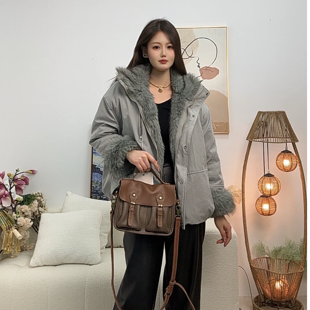 553区1+85灰绿色工装冬季连帽宽松毛领高端托狐外套