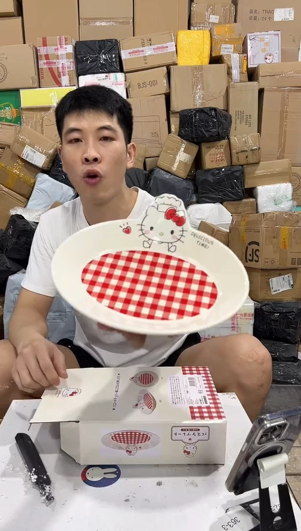 瓷片原盒kt猫红格子餐盘