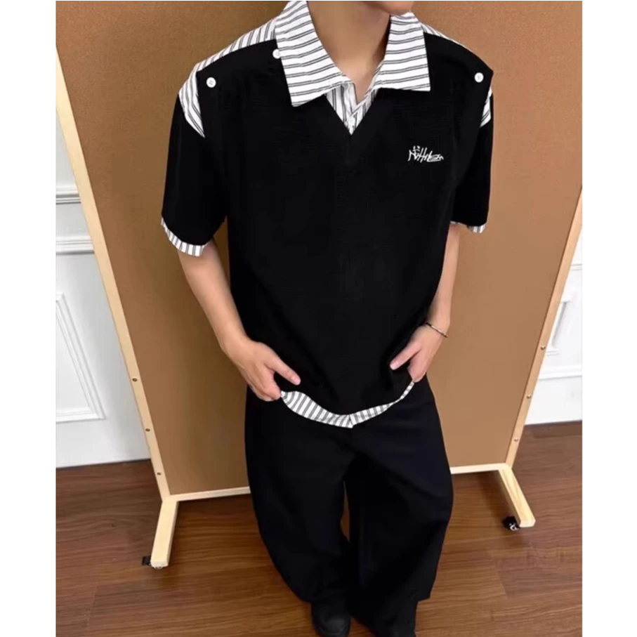 美式复古假两件条纹POLO领重磅拼接短袖T恤男女春夏宽松情侣上衣