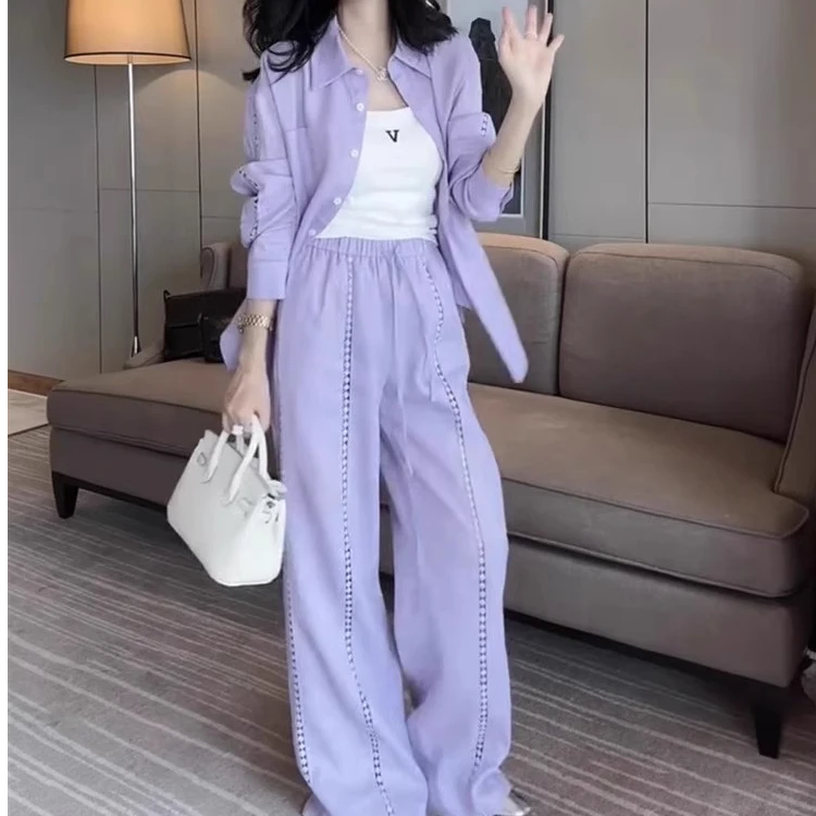 2025年春夏洋气新款简约百搭时尚感韩系翻领防晒上衣长裤两件套女