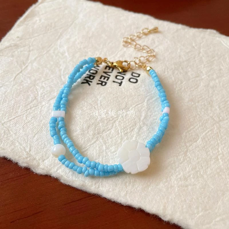 非金属仿珍珠手链 米珠贝壳花朵双层手链女海边百搭手环简约手饰