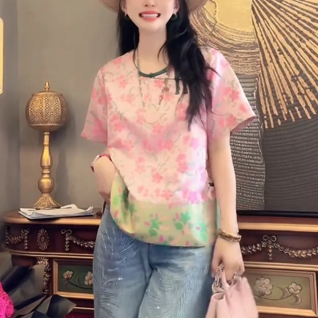 2025夏季新款新中式桃粉色人丝提花斜襟短袖圆领衬衫女