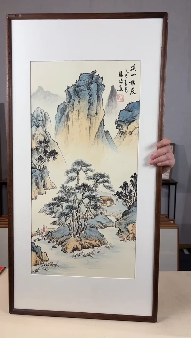 国画手绘*溪山访友*47*92cm*黑胡桃色木框