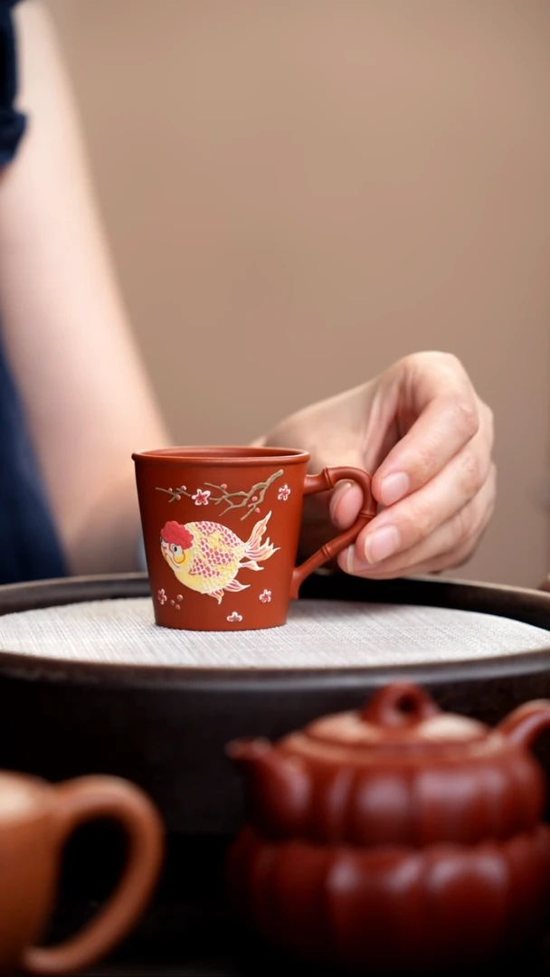 茶壶紫砂朱泥金鱼手把杯