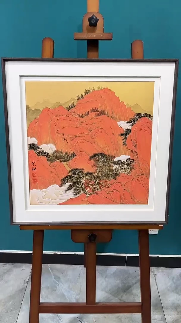 国画宋轲-2平尺-青绿山水-带框-《彩墨诗境》-《青绿红袍》