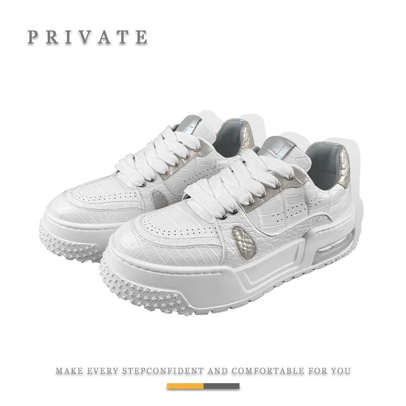 PRIVATE手工擦色顶奢鳄鱼皮男鞋小白鞋胖丁板鞋高端轻奢增高气垫