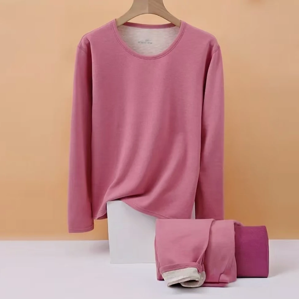 9371-女士炫彩羊毛保暖套装（杨玫红）