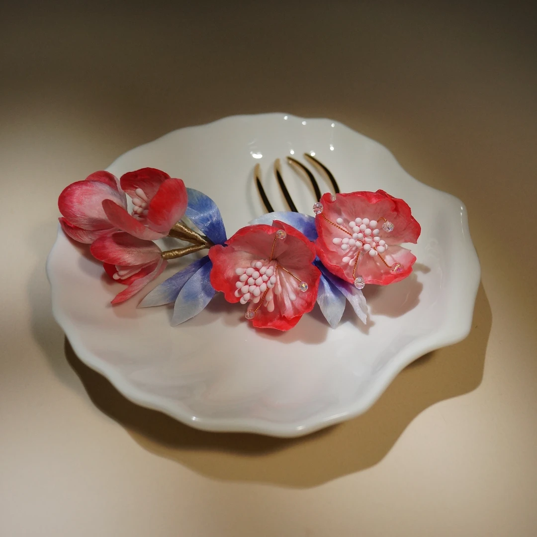 小师妹【绛纱】绒花桃花发梳簪娘超仙气国风设计古风中式穿搭