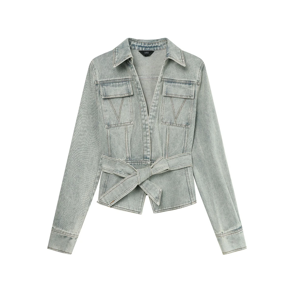 2025春新款时尚复古洗水工艺腰带女式外套牛仔上衣