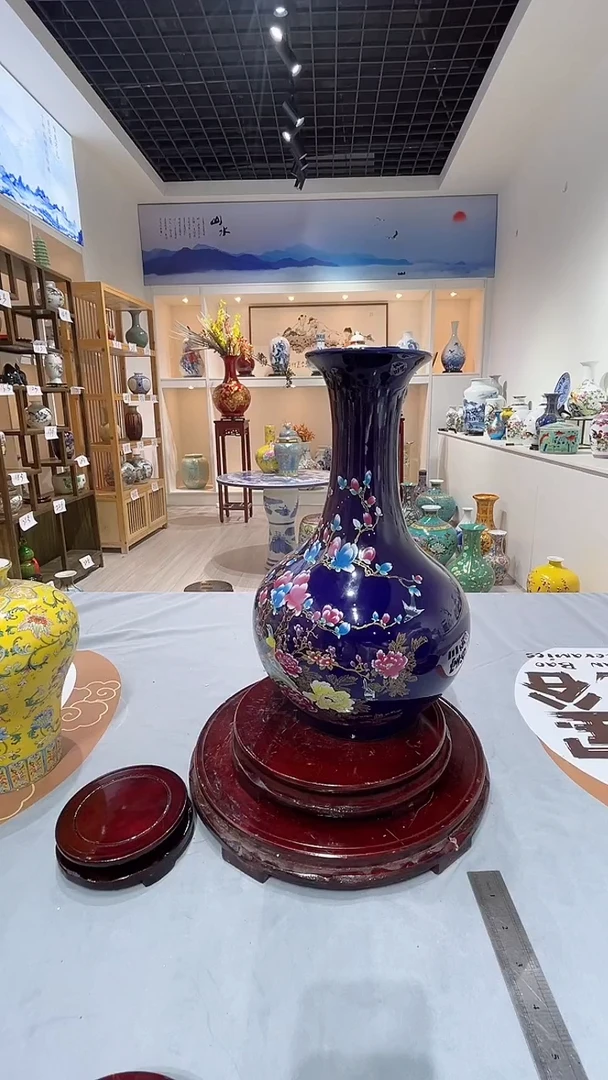 摆件高约36蓝锦鸡瓶