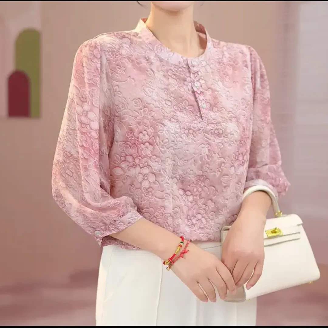 X高端轻奢减龄新款七分袖衬衫大码百搭洋气宽松遮肉显瘦气质上衣