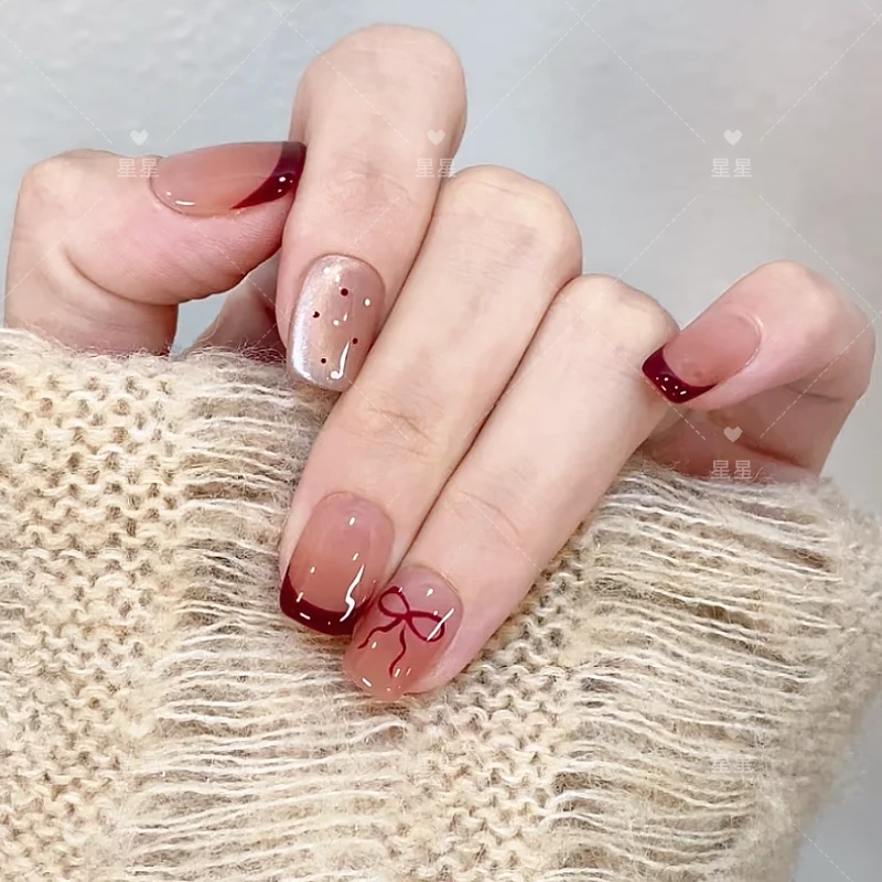 【安可拉红】穿戴甲美甲纯手工制作短款中长款可选法式蝴蝶结显手白