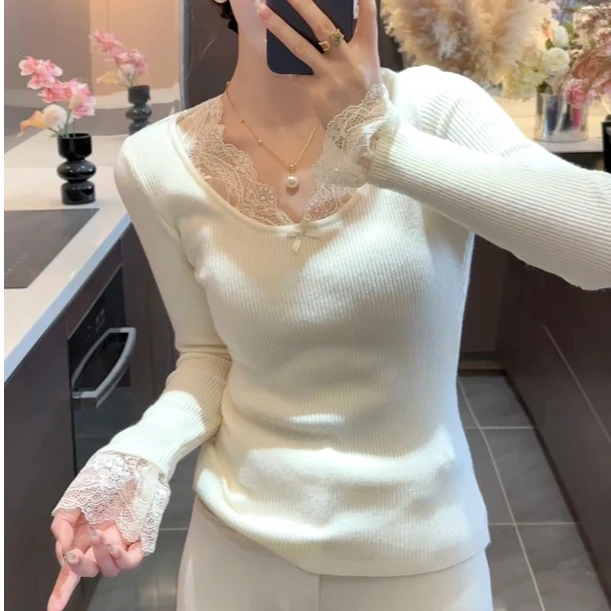 【打底】小香风气质减龄新款蕾丝拼接修身针织衫A1039