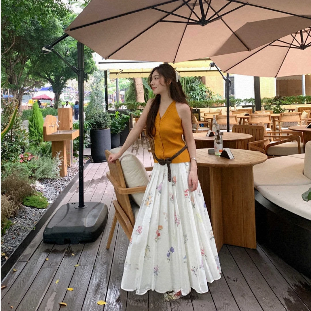 夏季韩版洋气百搭设计感气质显瘦高腰碎花A字百褶裙半身裙裙子