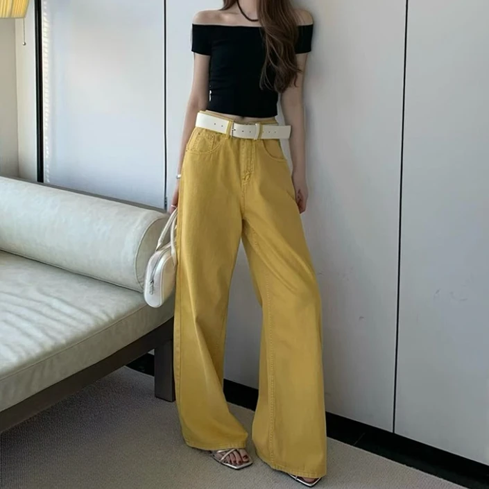 美式简约高级感姜黄色阔腿牛仔裤女2025春季新款宽松垂感慵懒裤子