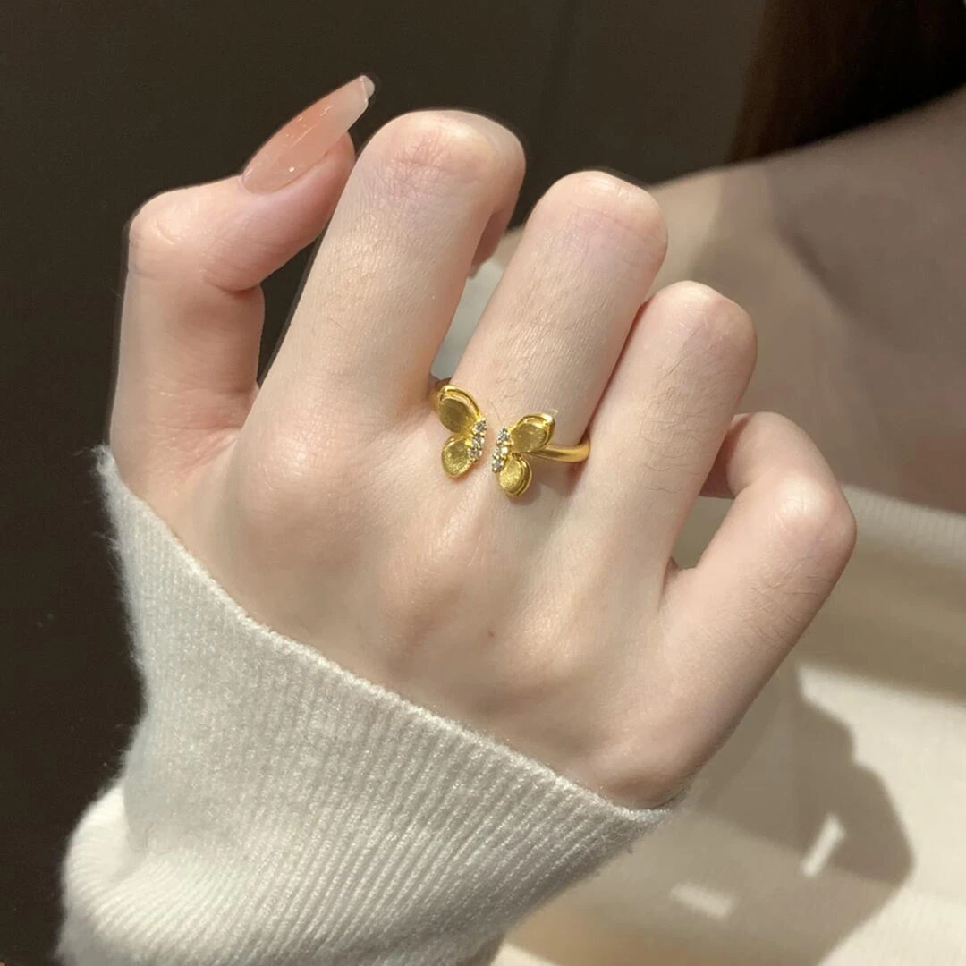 铜合金戒指 拉丝蝴蝶镶钻开口戒指精致轻奢中古风vintage食指戒