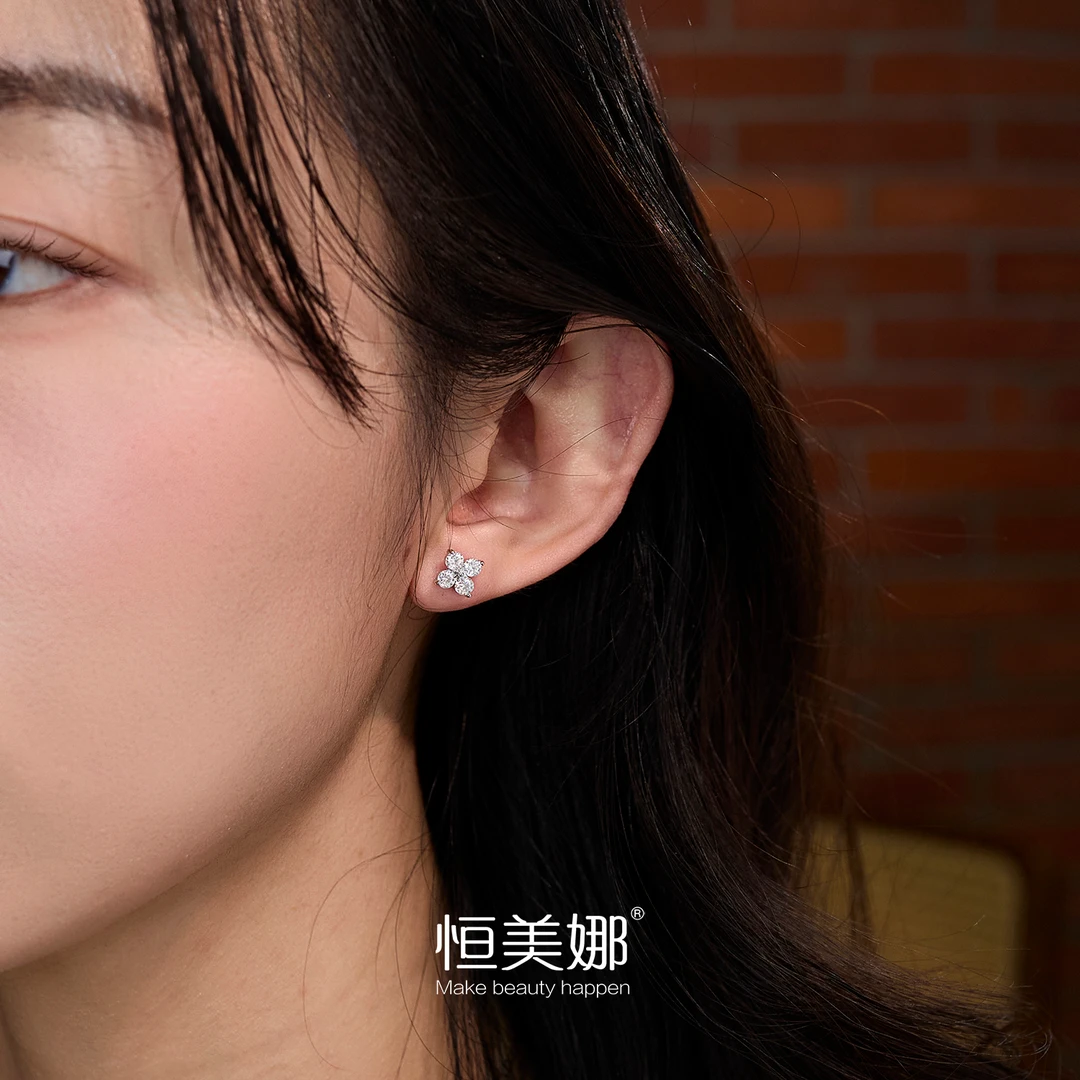 恒美娜 925银莫桑石耳饰 花花螺丝耳钉精致小巧镶嵌简约百搭清新