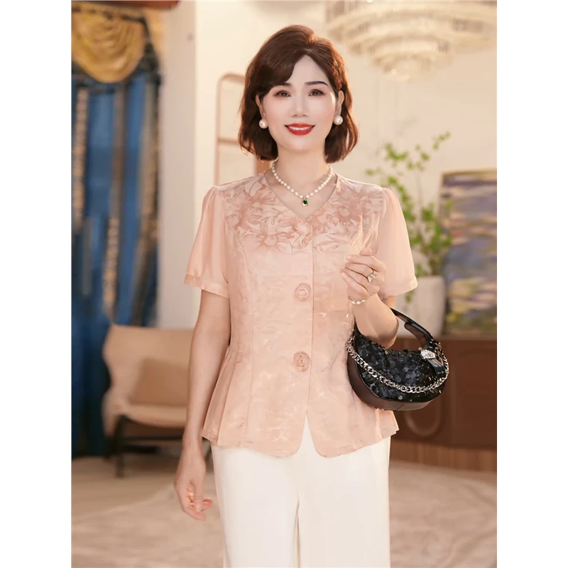 洋气妈妈装V领短袖小衫套装2025夏季新款中老年女装时尚国风上衣