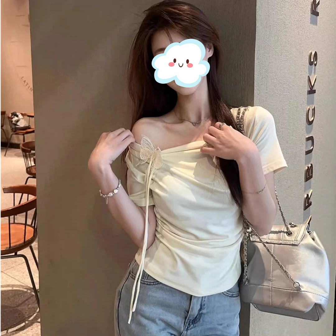 设计感立体蝴蝶抽褶短袖T恤女秋季2025新款甜辣妹不规则蝴蝶花花