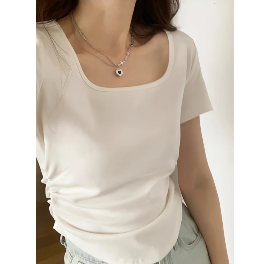 【晴川日欢】方领设计感褶皱收腰短袖正肩t恤女修身显瘦百搭上衣