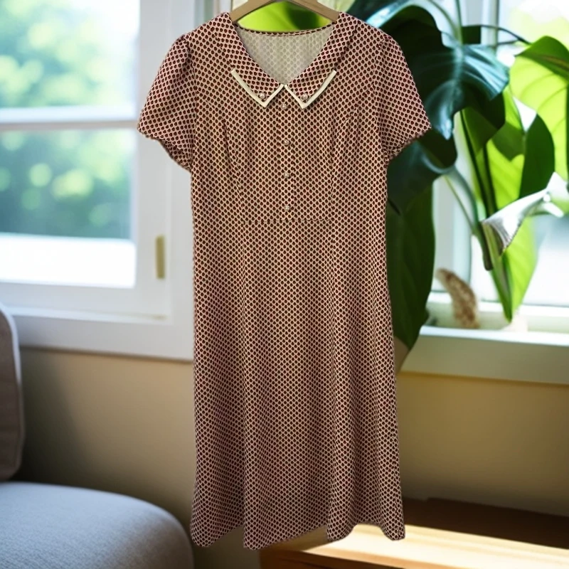 019透气裙子妈妈装高贵新款娃娃领红黑点妈妈装夏装洋气