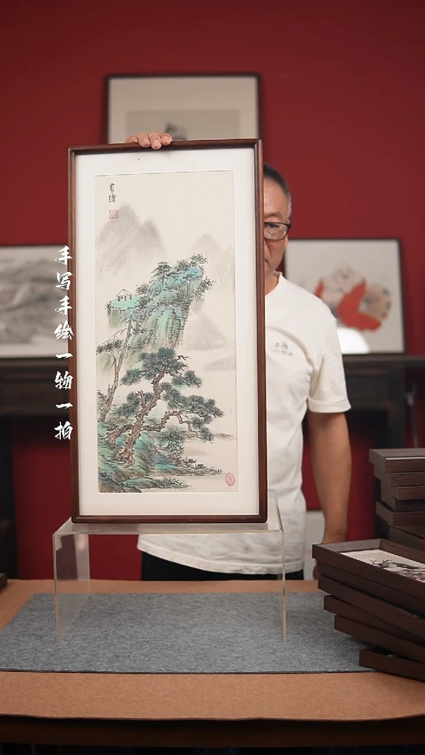 国画手绘-36*69实木框山水