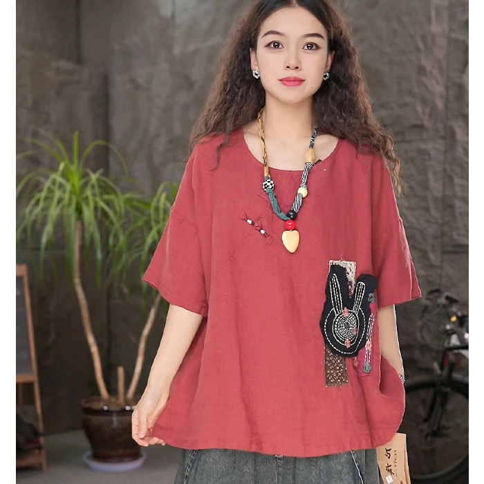 LL夏季新款盘扣设计贴布绣亚麻上衣女