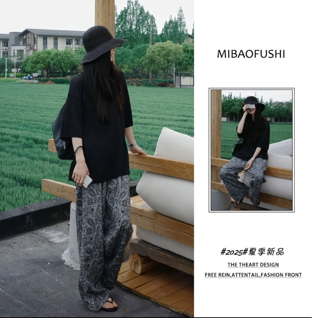 夏季透气长裤阔腿裤新款休闲裤显瘦黑色高腰韩版阔腿宽松运动裤