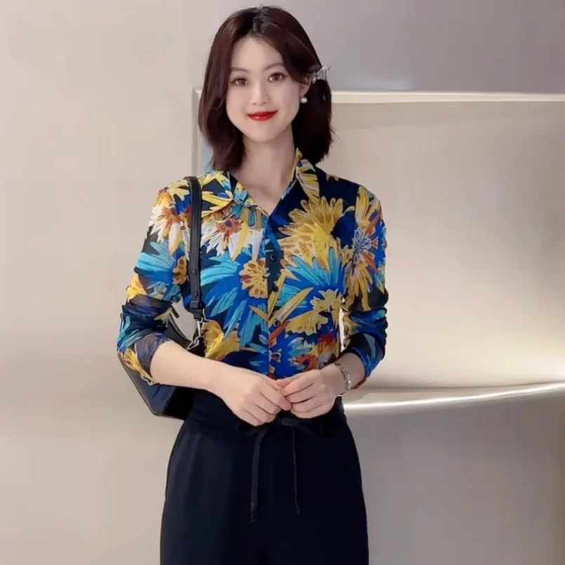 GIRDEAR/哥弟   夏威夷海滩 |  翻领弹力显瘦气质海蓝衬衫1300782